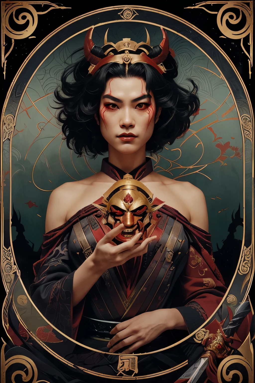 a man with a sword and a red ball, demon samurai, villain wearing a red oni mask, demon samurai warrior, inspired by Gatōken Shunshi, inspired by Kanō Hōgai, artgerm greg rutkowski _ greg, inspired by Tōshūsai Sharaku, artgerm craig mullins