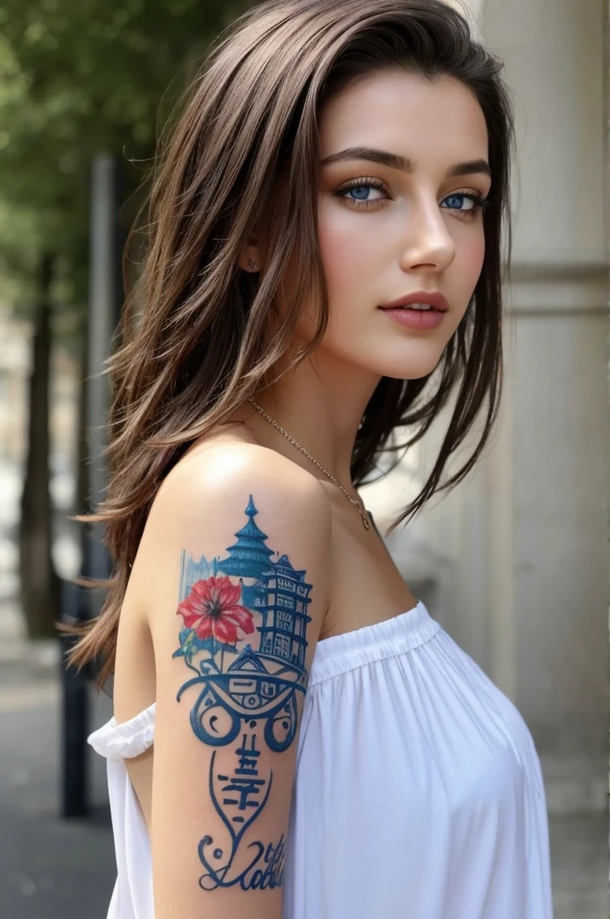 1 fille dans, 23 ans , Seulement, cheveux longs, Colossal , regarder le spectateur, brunette hair bare shoulders, yeux bleu , bijoux, tout le corps, un collier, off the shoulders, Chandails, Realistic, Un sexy , piercing au nez , tatouage écriture chinoise rouge sur le côté du côté droit du cou