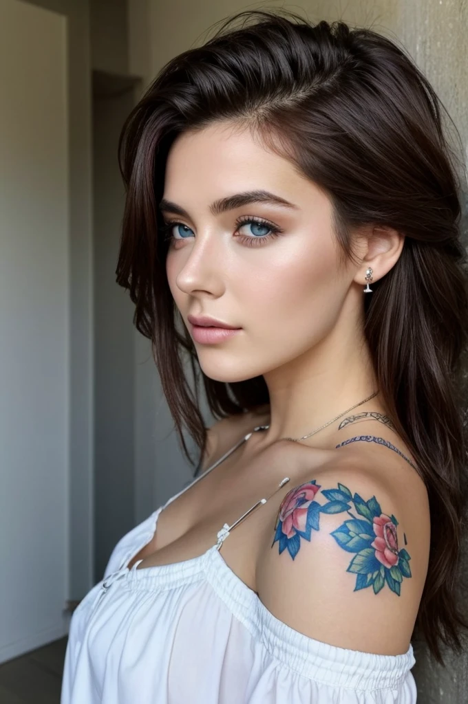 1 fille dans, 23 ans , Seulement, cheveux longs, Colossal , regarder le spectateur, brunette hair bare shoulders, yeux bleu , bijoux, tout le corps, un collier, off the shoulders, Chandails, Realistic, Un sexy , piercing au nez , tatouage écriture chinoise rouge sur le côté du côté droit du cou