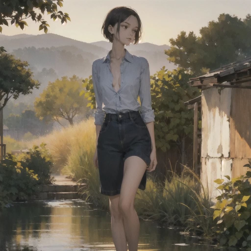 Exquisite slender thin gentle girl (with a perfect, very beautiful gentle face of the southern type) with short burgundy hair with a ruby earring, naked with tender breasts with pink nipples in an open blue shirt over a naked body with bare hips, standing barefoot in the rain in the garden near a brick house on a warm summer evening with a glass of white wine, big space eyes, imitation of film photography, Discreet shades, warm golden and olive sunset light, warm sunset shades, blue open unbuttoned shirt on a girl