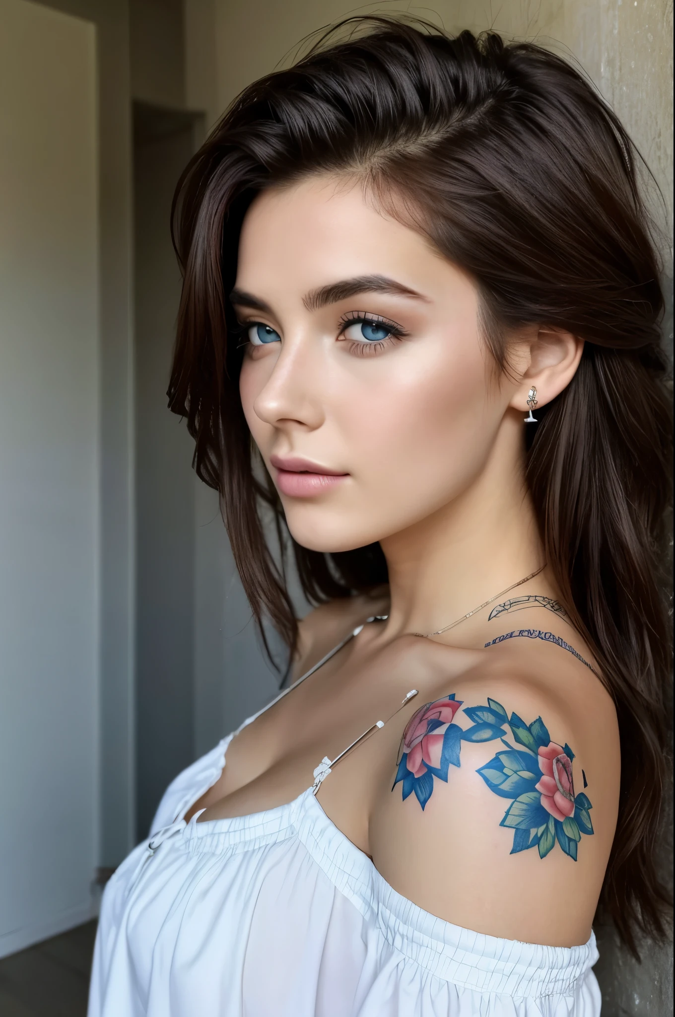 1 fille dans, 23 ans , Seulement, cheveux longs, Colossal , regarder le spectateur, brunette hair bare shoulders, yeux bleu , bijoux, tout le corps, un collier, off the shoulders, Chandails, Realistic, Un sexy , piercing au nez , tatouage écriture chinoise rouge sur le côté du côté droit du cou