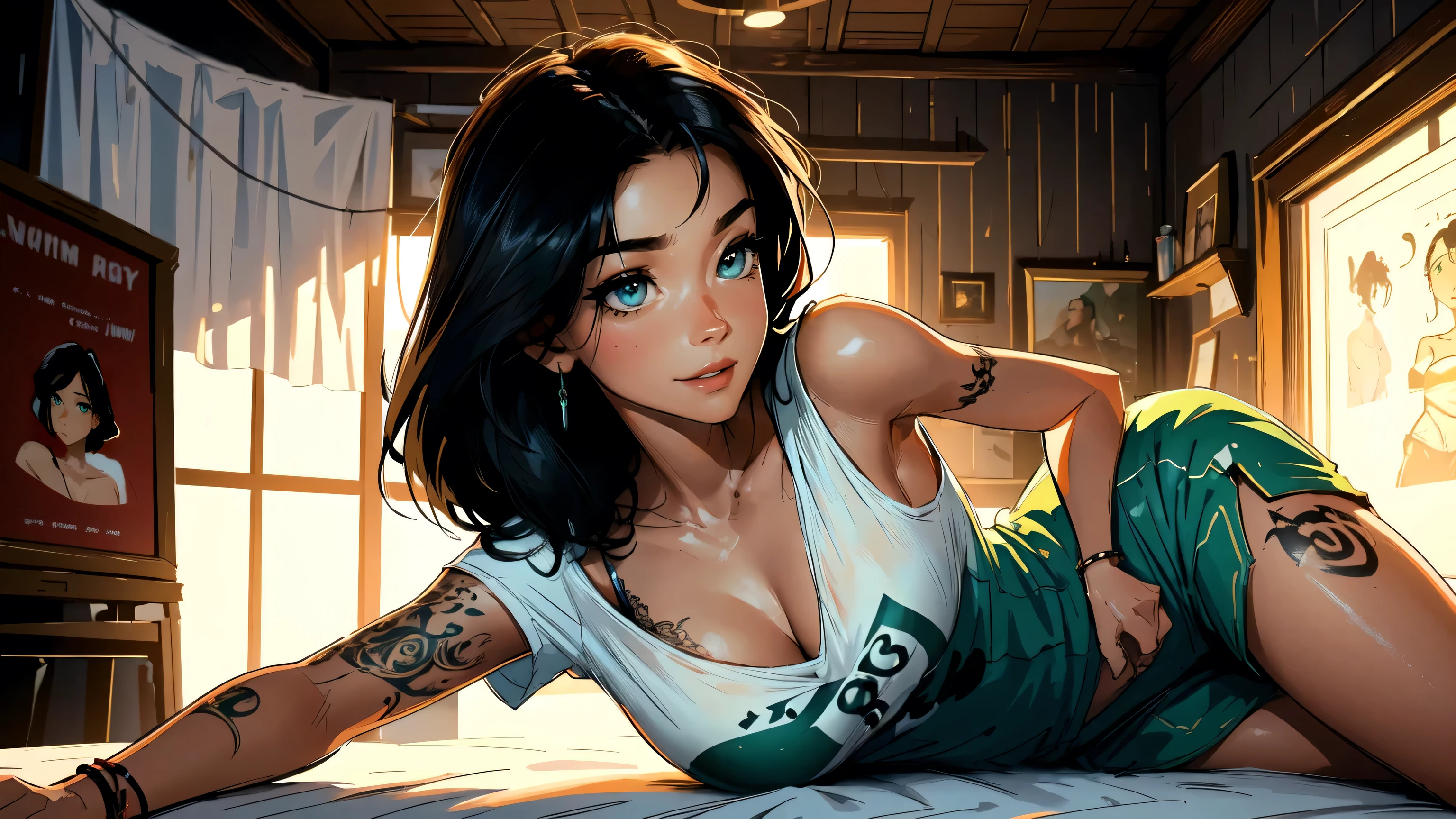 high resolution, Soft light,1womanl, Solo, Hips up, (Detailed face),tattoo, jewelry, t-shirt with rough chest, Beautiful soldiers, Grab the audience's eye, Lover's perspective, Invitation expression, Sexy smile, Perfect style, Perfect balance, Detailed skin, mischievous gaze, chest visible,black hair ,green eyes (super detailed hair)((sexy))