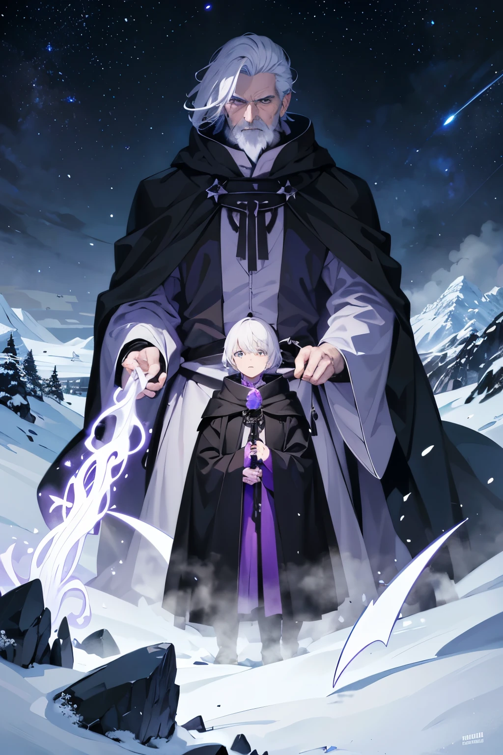 A white-haired old man in a black cloak, he has big shoulders, in the background there are snowy mountains and a dark night sky full of stars, but there is a purple spirit made of energy surrounding this man