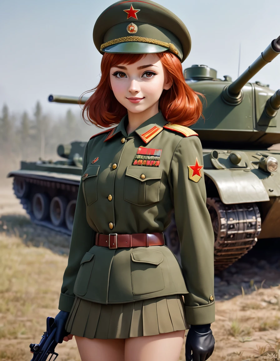 1 girl, One, Soviet Military Uniform, dynamic pose, Best quality, high quality, a high resolution, masterpiece, I look at the viewer, facing the viewer,, source_аниме BREAK 1girl, One,Soviet Military Uniform, soviet cap, belt, redhead, bob haircut, Look at the viewer, emotions smile, skirt, Brown eyes, standing near the tank