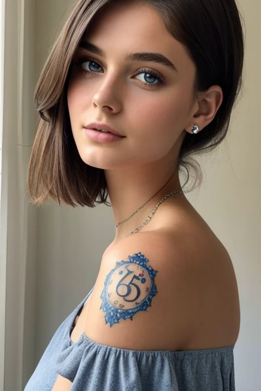 1 fille dans, 19 ans, Seulement, cheveux longs, Colossal , regarder le spectateur, cheveux brune , bare shoulders, yeux bleu clair , piercing au nez, tout le corps, , off the shoulders, Chandails, Realistic, Un sexy , tatouage sur l'avant bras , 68 kilogramme , forte poitrine