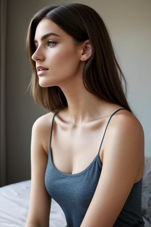 1 fille dans, 19 ans, Seulement, cheveux longs, Colossal , regarder le spectateur, cheveux brune , bare shoulders, yeux bleu clair , piercing au nez, tout le corps, , off the shoulders, Chandails, Realistic, Un sexy , tatouage sur l'avant bras , 68 kilogramme , forte poitrine