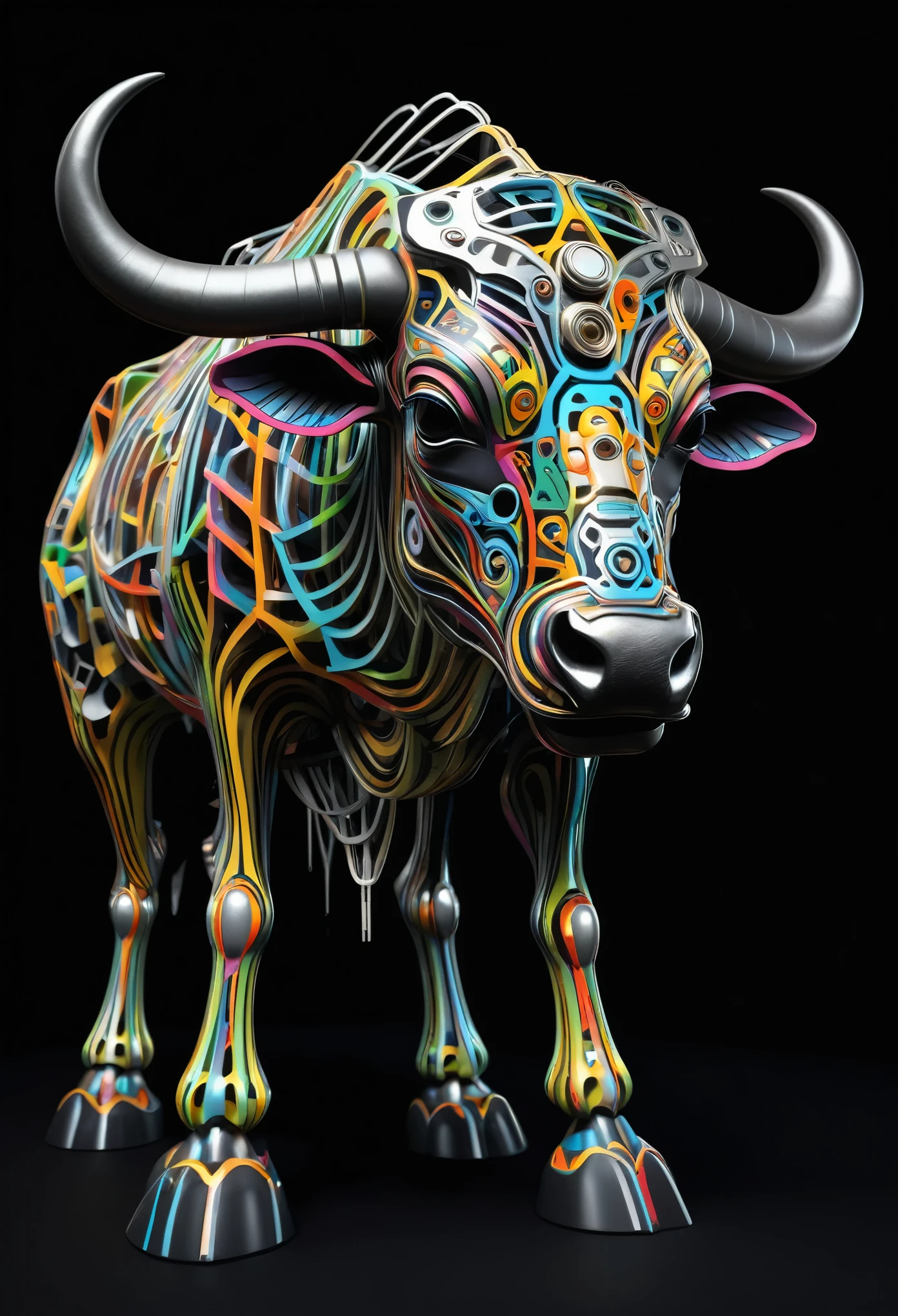 A stunning and striking and detailed illustration hyperdetailed 3d render of a graffiti style over a total black background of a multicolored buffalo, showcasing its intricate biomechanical exoskeleton and piercing eyes with the small tag "LOC" inside of the structure of the skeleton of the animal body