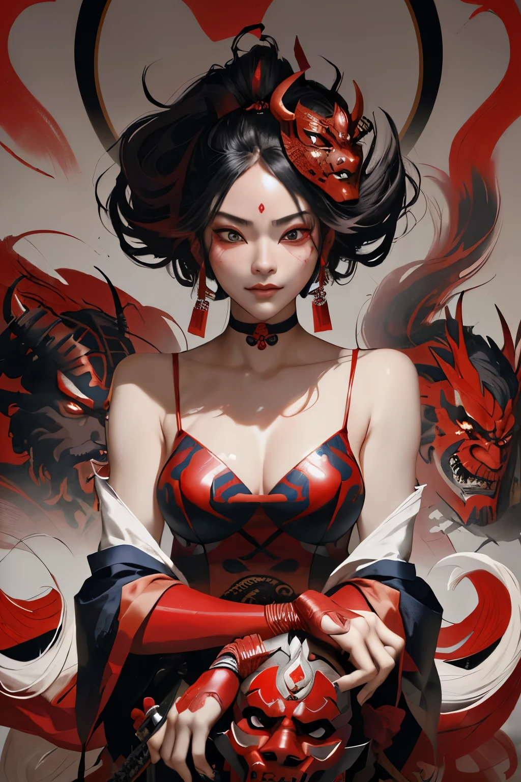 a man with a sword and a red ball, demon samurai, villain wearing a red oni mask, demon samurai warrior, inspired by Gatōken Shunshi, inspired by Kanō Hōgai, artgerm greg rutkowski _ greg, inspired by Tōshūsai Sharaku, artgerm craig mullins