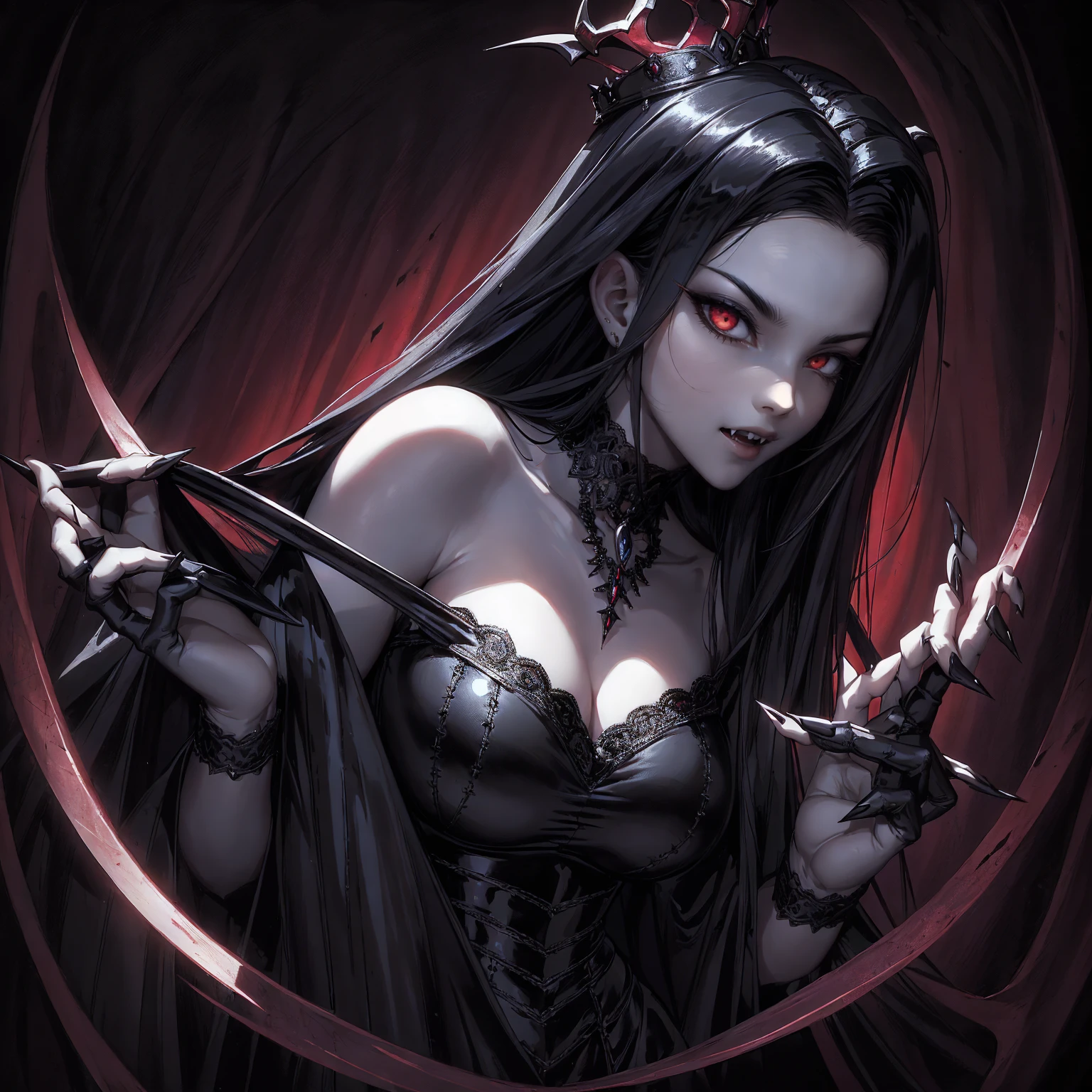 absurdres, ((stunning female Vampire))), goth Renaissance, (long black hair:1.erfect and detailed angular sharp oval shaped face, ((redeyes)), jewelry, red and black tetradic colors, full lips, gothic castle background, (solo), perfect anatomy, approaching perfection, ethereal, intricate details, ultra-high definition, 12k resolution, goth aesthetic, smooth, sharp focus, dreamy, glowing, backlit, glamour, glimmer, fantastical, shadows, smooth, Gothic crown,