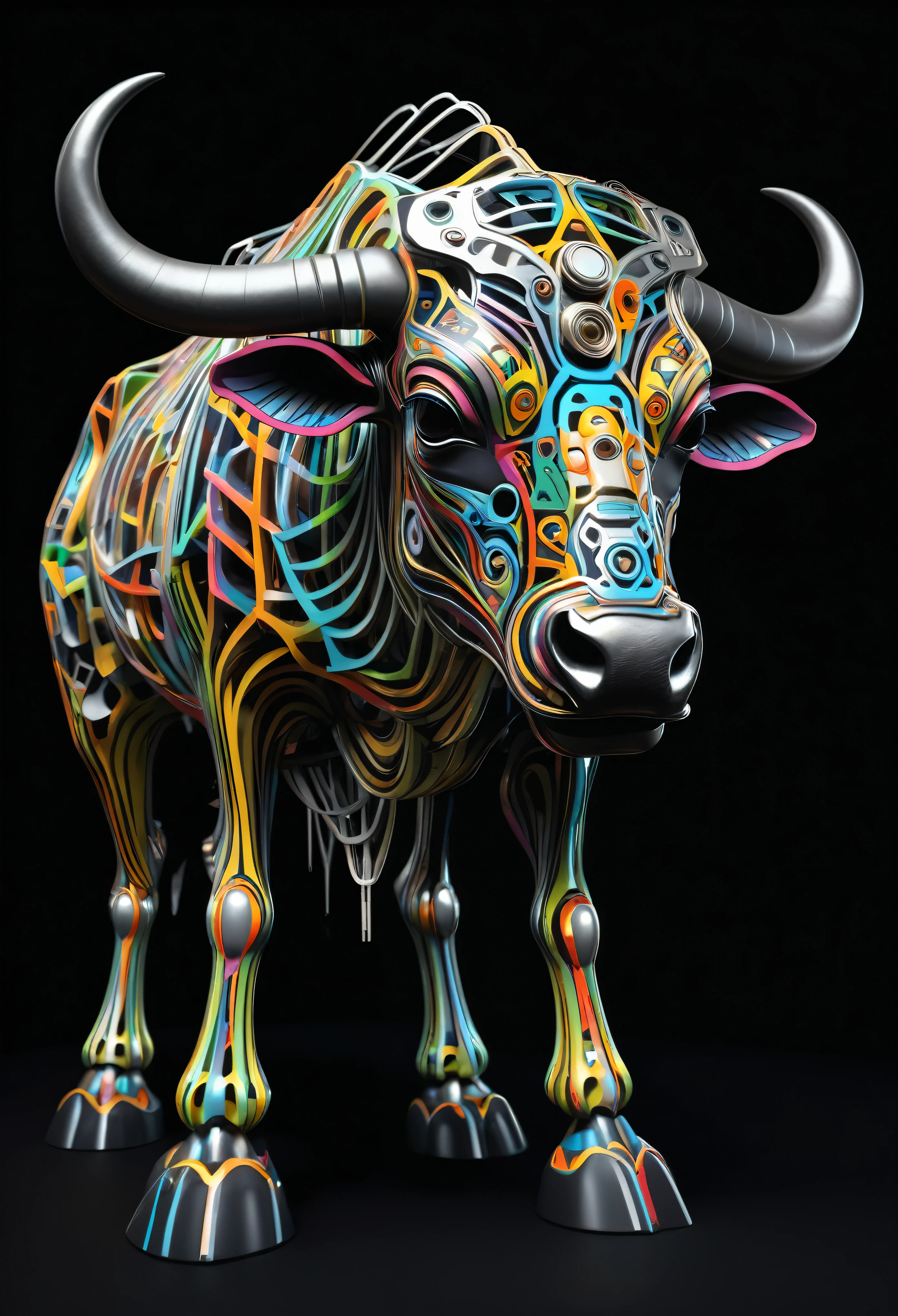 A stunning and striking and detailed illustration hyperdetailed 3d render of a graffiti style over a total black background of a multicolored buffalo, showcasing its intricate biomechanical exoskeleton and piercing eyes with the small tag "LOC" inside of the structure of the skeleton of the animal body