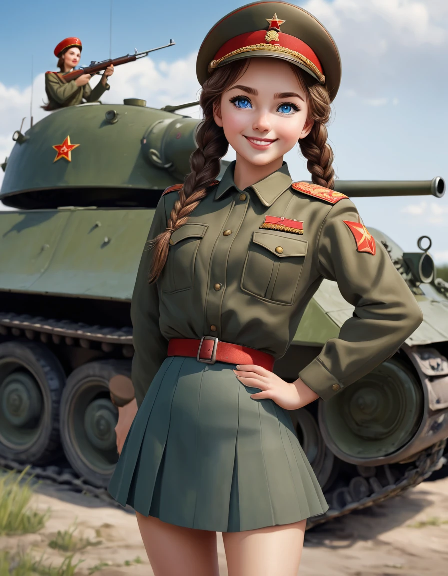 1 girl, One, Soviet Military Uniform, dynamic pose, Best quality, high quality, a high resolution, masterpiece, I look at the viewer, facing the viewer, source_аниме BREAK 1girl, One, Soviet Military Uniform, soviet cap, belt, brown hair, hair braided, Look at the viewer, emotions smile, skirt, Blue eyes, standing near the tank