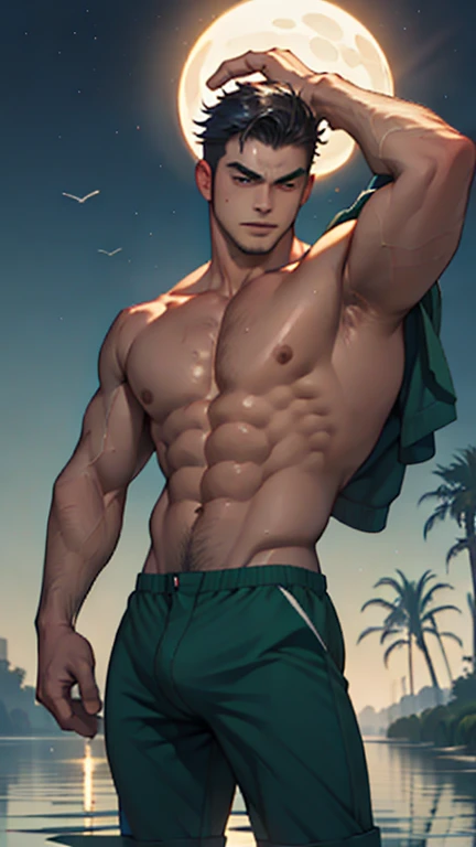 watercolor, a guy swims in a lake in the light of the moon, spreads the buttocks of a 17-year-old Brazilian boy, wearing tight slip-on swimming trunks with a large protruding convex codpiece. Muscular, with round, firm, perfect buttocks