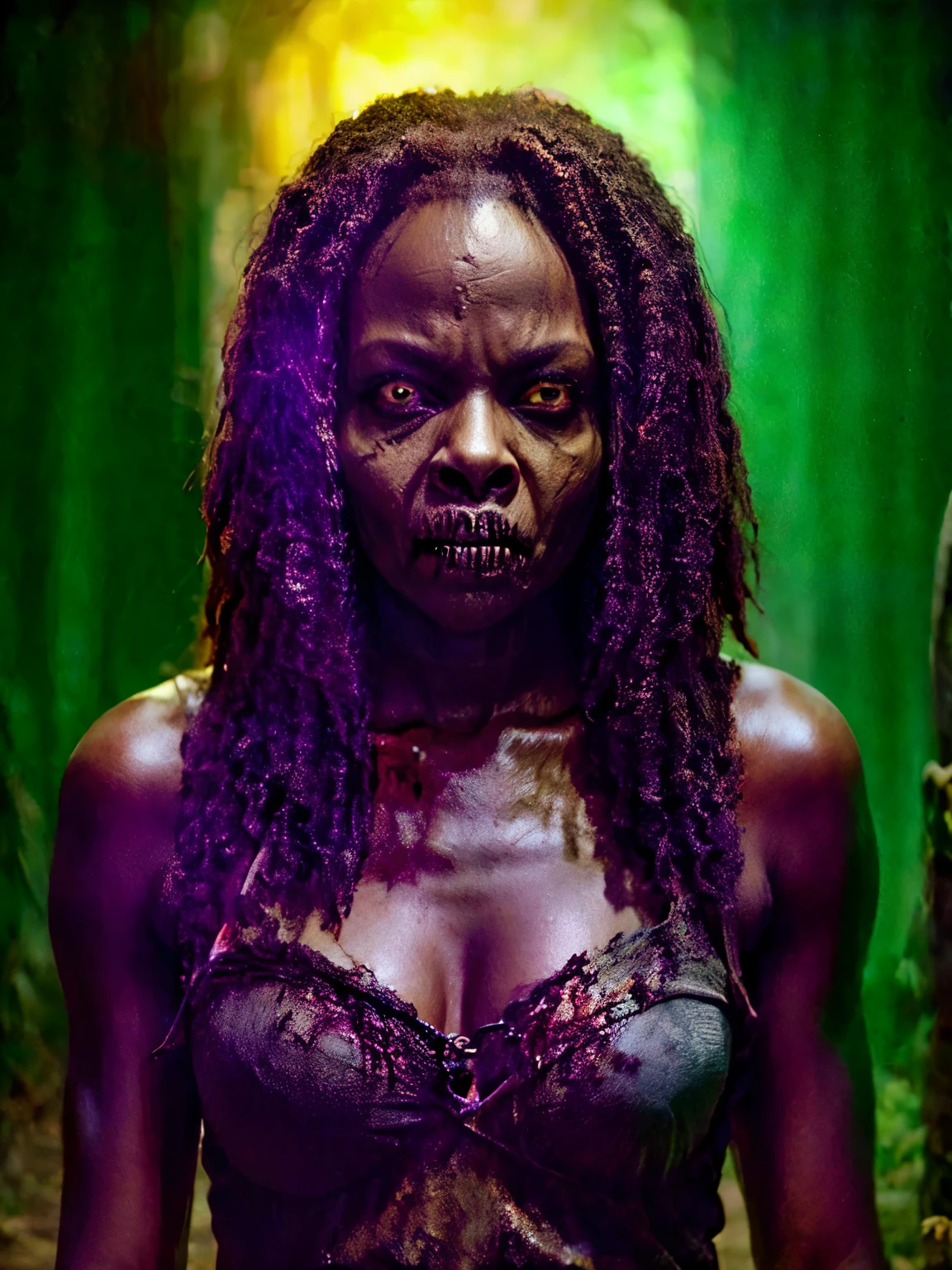 masterpiece, best quality:1.2), ((RAW photo, Best quality)), (Realistic, photo-realistic:1.2). (((Michonne a black evil zombie woman))) , (((blood, hottinig, skull face ))), ((horror, creepy)) , night, (((White eyes))). angry. ((( Exposed brain))), ((Green or Grey skin)), wounds, empty eyes, torn clothes, slow movements, guttural noises, aggressive and ((cannibalistic behavior)) . Cinematic lighting.