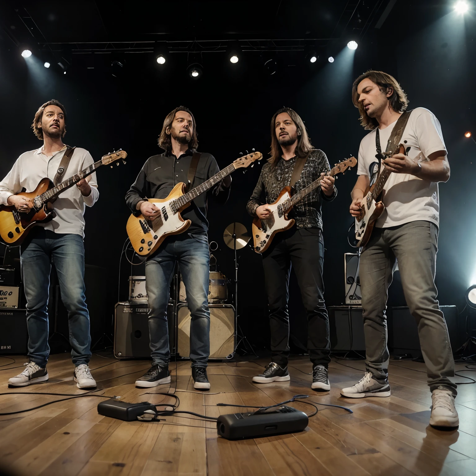 Une groupe de musique avec 3 sangliers , un a la basse, un a la guitare et un a la batterie, groupe de rock
