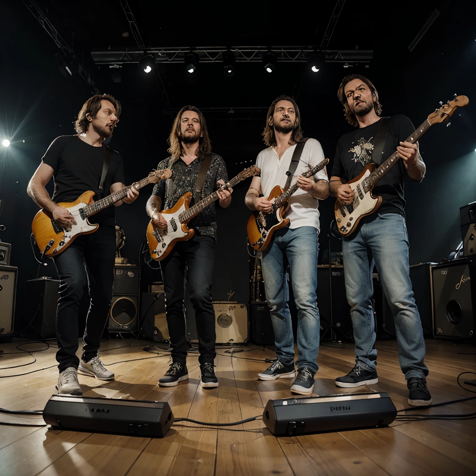 Une groupe de musique avec 3 sangliers , un a la basse, un a la guitare et un a la batterie, groupe de rock