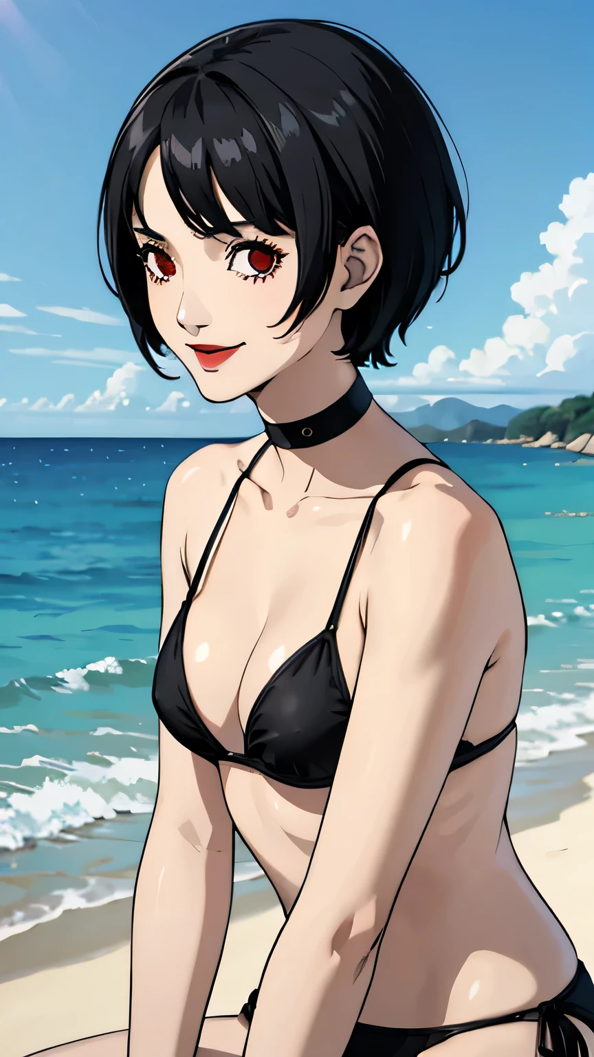 1 girl, very Short hair, black hair, red eyes, black lipstick, black choker, smile, black bikini, portrait, beach background, sit, half body, small breast