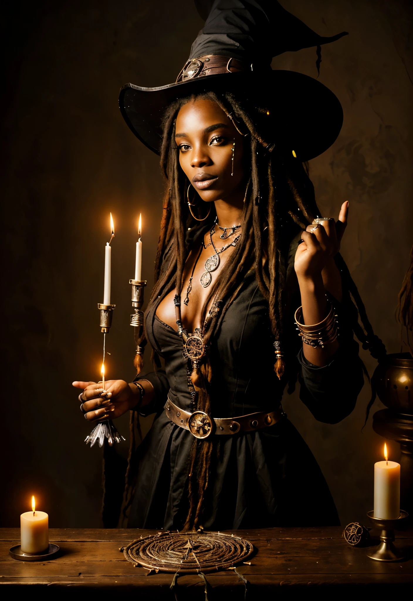 witch with dreadlocks and a caulder with candles, casting a spell on a potion, witch woman, witch paying for her sins, african steampunk alchemist, beautiful female witch, pagan goddess, witchy, sorceress woman, demonic magic ritual, the witch conjure, wearing psychedelic wicca, beautiful witch spooky female, beautiful female wicked witch, shaman witch