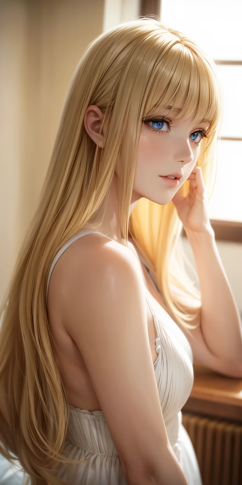 Gorgeous adult woman, long blonde hair, bang, soft light