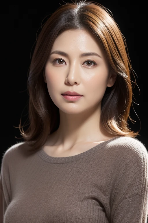 Ultra-high resolution, masterpiece, Rough skin, Very detailed, Photorealistic, Professional Lighting, Written boundary depth, sharp, Gray background, (Front view：1.2),(Japanese Mature, 38 year old women are sexy), Detailed face, Beautiful Eyes, bangs, Shapely large breasts, Light brown straight hair, Faint lips, (Catch Eye:1.3),((Stand in front、Looking at the audience, Serious face eyes.)), sweater, Theta, Full body photo, Cowboy Shot