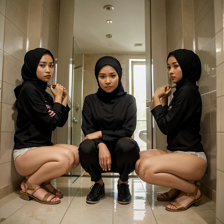Indonesian hijab girls, sit down and squat at bathroom