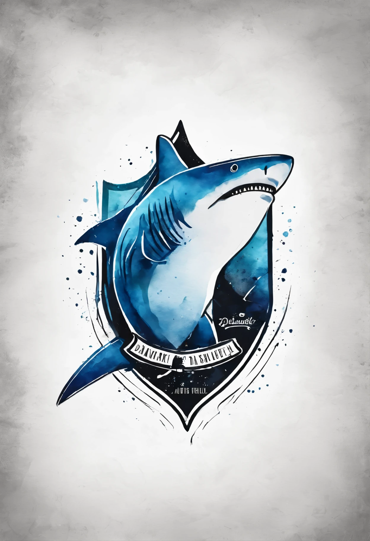 Logo of a shark in the shape of a shield, Develop a minimalist logo concept for the 'Daniel Photography' YouTube channel, employing a clean design with black, blue-black, and white tones. Integrate the tagline 'Creatives' to encapsulate the channel's essence.