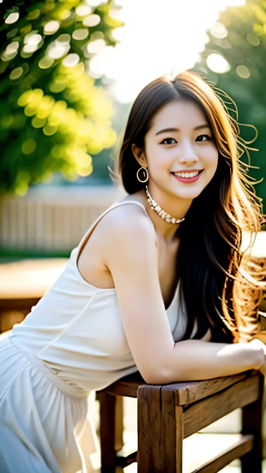 (((Draw only one woman: 2))), (Large cruisers sailing at sea)、(Beautiful Russian woman sitting in a deck chair on the deck:1.3)、(Beautiful Magic Hour Sunset)、Beautiful woman in a stylish resort dress、(( 1 screen))、(8k:1.5), RAW shooting, Highest quality photos, masterpiece, Nice realistic pictures, ((Anatomically correct proportions : 1.5)), ((Perfect proportions)), Beautiful women like Russian actresses, Small Face、Detailed face, Fine grain, Narrow nose, Finger details, Fine arms, Fine skin, Leg Details, (Shiny long hair)、Laugh happily、Side angle、22 year old beauty、choker、Earrings、bracelet, (The model is perfectly in focus:1.2)