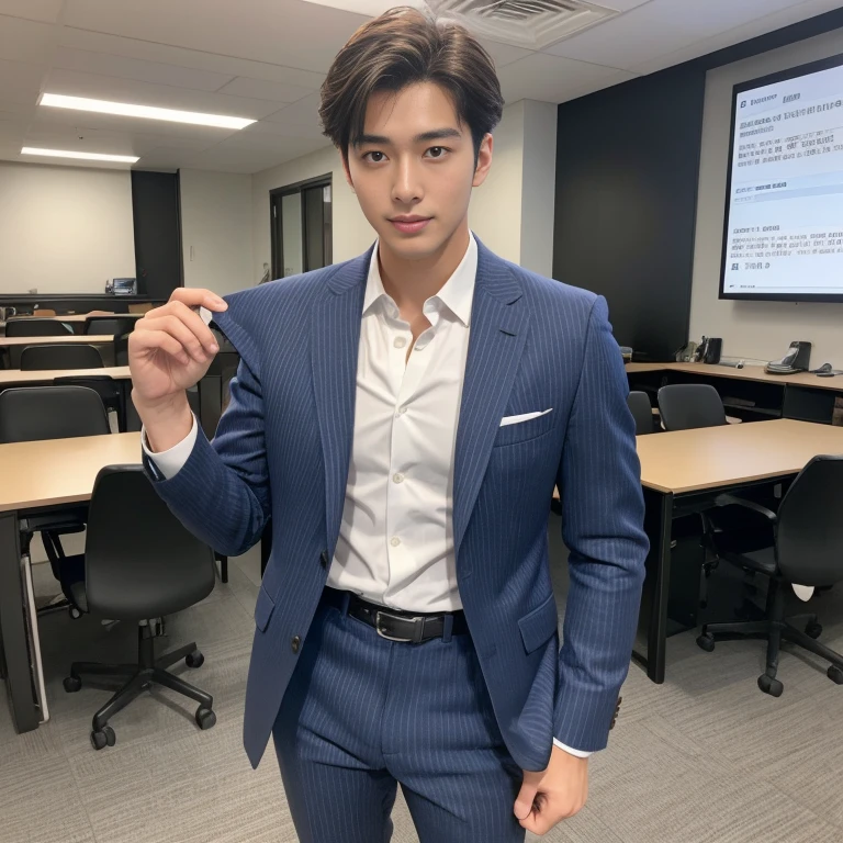 20-year-old refreshingly handsome new employee、　（Super cool S-class guy in a suit）、　Japan boys at 20 years old、　businessman、　Ultra-luxury suits、　Striped suit、　s Office、　Stand in a suitＳYoung handsome man、　Full body photo、　（Highly detailed photos of CG Unity 8K）、　（A highly detailedＳHandsome man in class）、　（Photo Real）、　　（（top-quality））、　ultra-detailliert、　（​masterpiece）、　An ultra-high picture quality、　tall、　viewer、　Gentle man、　Very beautiful hair、　Bright photo、　Handsome like a model、　Handsome like an idol、　Luxury Watches、　Cool belt , sexy , NSFW , eroticism