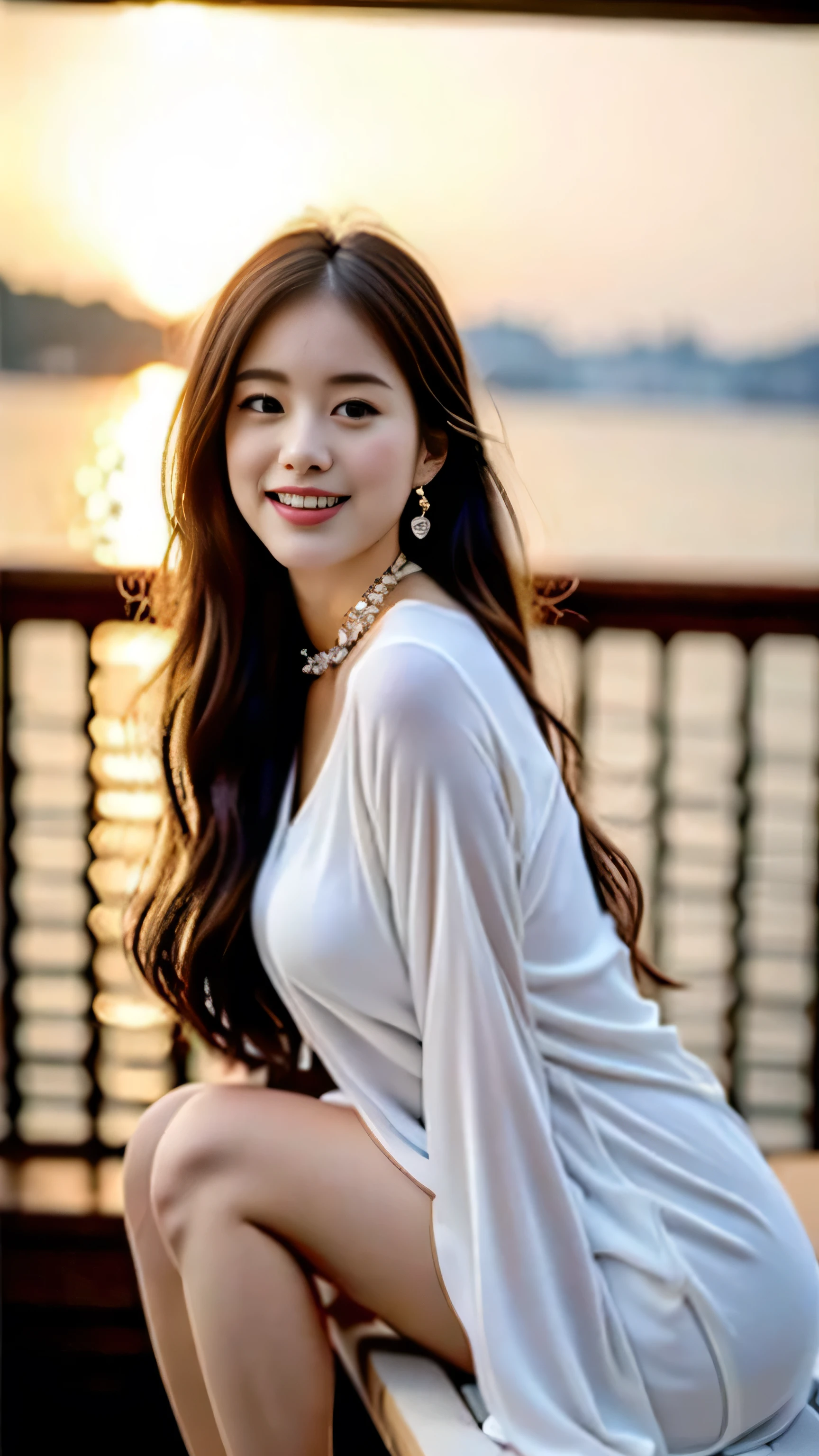 (((Draw only one woman: 2))), (Large cruisers sailing at sea)、(Beautiful Russian woman sitting in a deck chair on the deck:1.3)、(Beautiful Magic Hour Sunset)、Beautiful woman in a stylish resort dress、(( 1 screen))、(8k:1.5), RAW shooting, Highest quality photos, masterpiece, Nice realistic pictures, ((Anatomically correct proportions : 1.5)), ((Perfect proportions)), Beautiful women like Russian actresses, Small Face、Detailed face, Fine grain, Narrow nose, Finger details, Fine arms, Fine skin, Leg Details, (Shiny long hair)、Laugh happily、Side angle、22 year old beauty、choker、Earrings、bracelet, (The model is perfectly in focus:1.2)