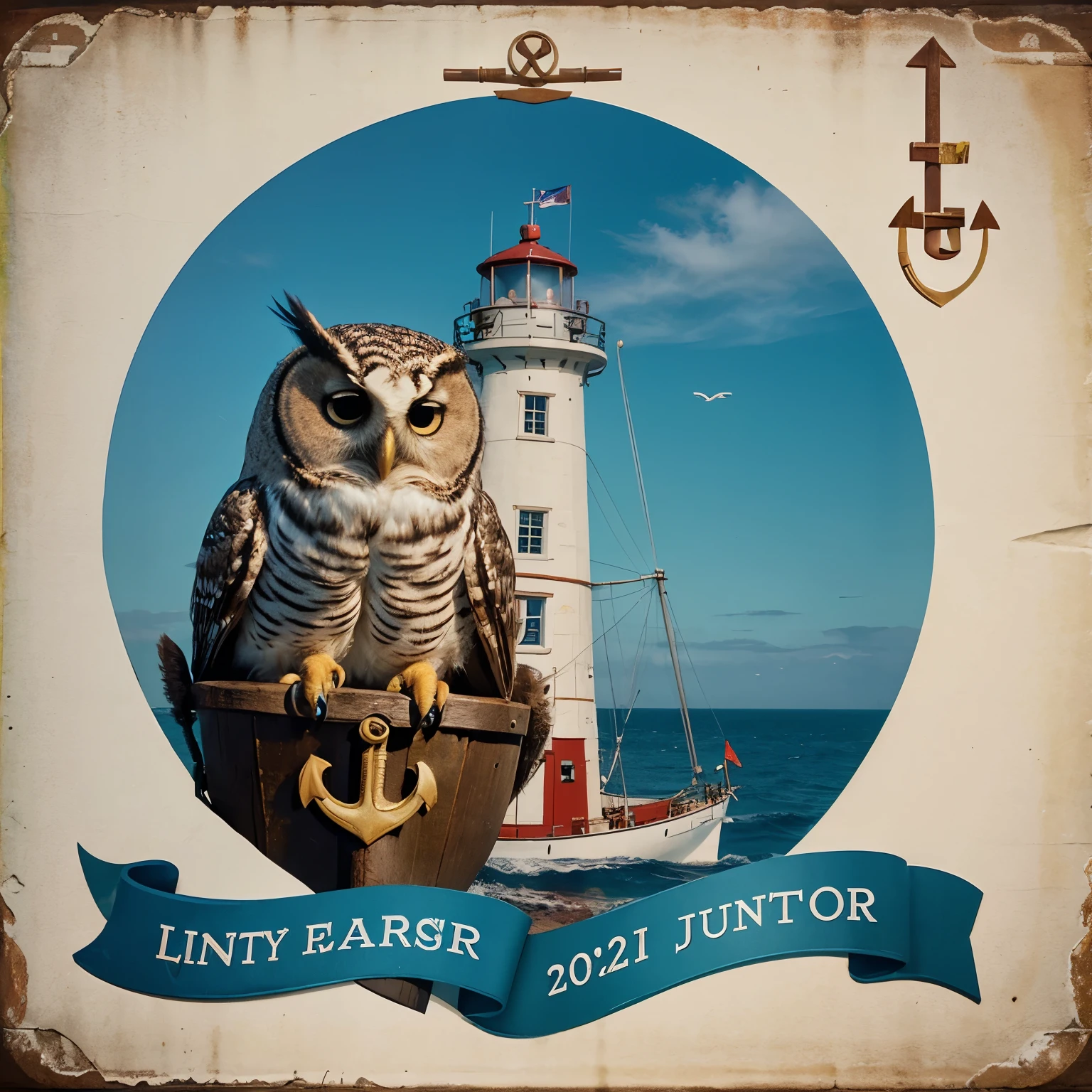 Pixar type poster of an owl with an anchor, a rudder and a lighthouse that says 2024