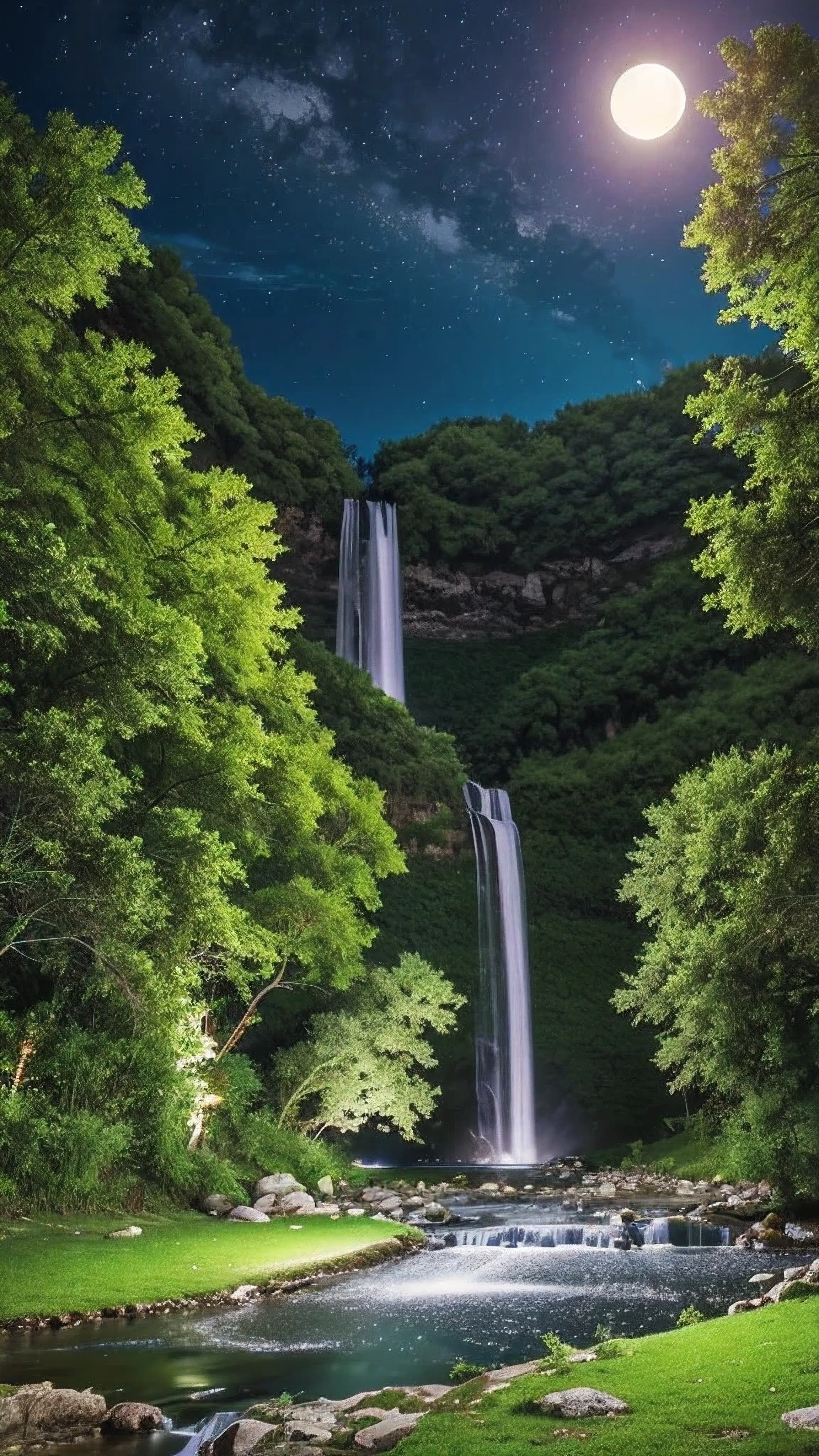 Night landscape of a Cascada with a river of crystal clear water surrounded by fruit trees and green grass with a full moon sky
