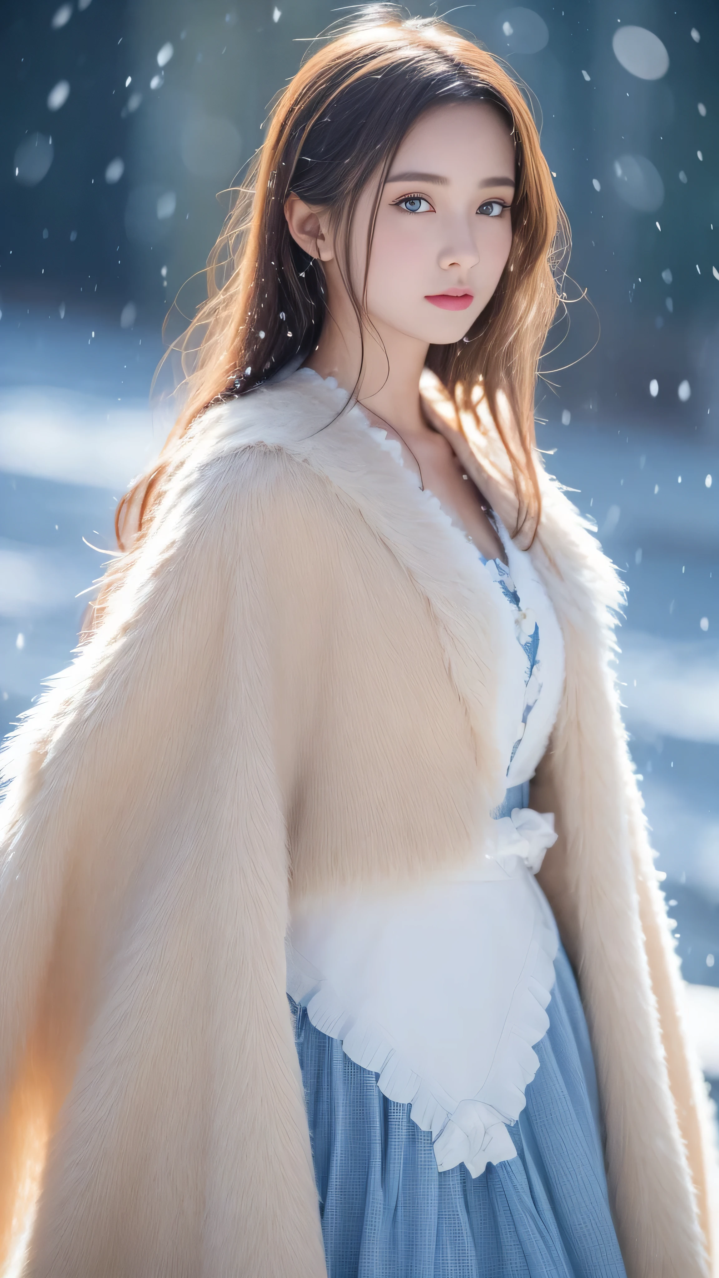 (highest quality, 8k, 32K，The details are very clear),Realistic, High resolution, 1 Japanese Women, alone, (Lolita Costume)，Gorgeous costumes，Facing the audience，(Upper Body，Upper limbs)， Beautiful Eyes, Brown Hair, Ring-shaped eyes, (outside，Heavy snowfall，Thick fur cape，Cover with snow)，Snowfield，blue eyes，highest qualityのイラスト，Detailed facial features