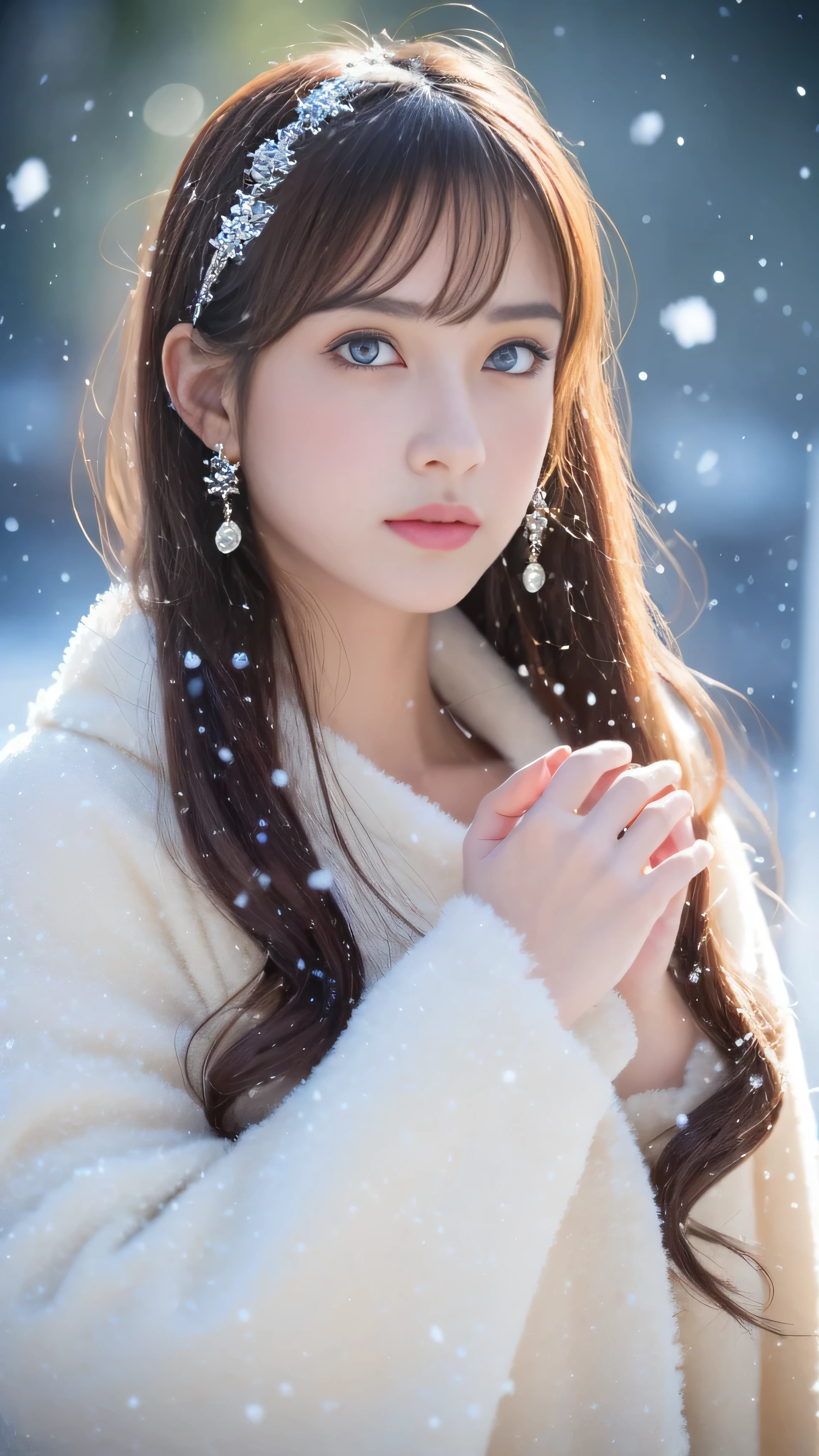 (highest quality, 8k, 32K，The details are very clear),Realistic, High resolution, 1 Japanese Women, alone, (Lolita Costume)，Gorgeous costumes，Facing the audience，(Upper Body，Upper limbs)， Beautiful Eyes, Brown Hair, Ring-shaped eyes, (outside，Heavy snowfall，Thick fur cape，Cover with snow)，Snowfield，blue eyes，highest qualityのイラスト，Detailed facial features