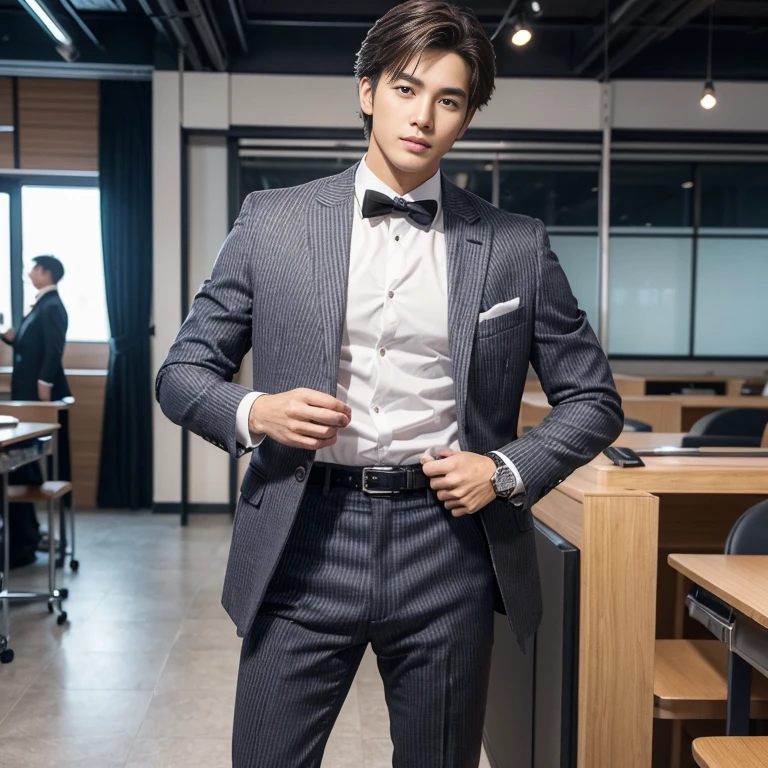 20-year-old refreshingly handsome new employee、 (Super cool S-class guy in a suit)、 Japan boys at 20 years old、 businessman、 Ultra-luxury suits、 Striped suit、 s Office、 Stand in a suitSYoung handsome man、 Full body photo、 (Highly detailed photos of CG Unity 8K)、 (A highly detailedSHandsome man in class)、 (Photo Real)、 ((top-quality))、 ultra-detailliert、 (masterpiece)、 An ultra-high picture quality、 tall、 viewer、 Gentle man、 Very beautiful hair、 Bright photo、 Handsome like a model、 Handsome like an idol、 Luxury Watches、 Cool belt , sexy , NSFW , eroticism