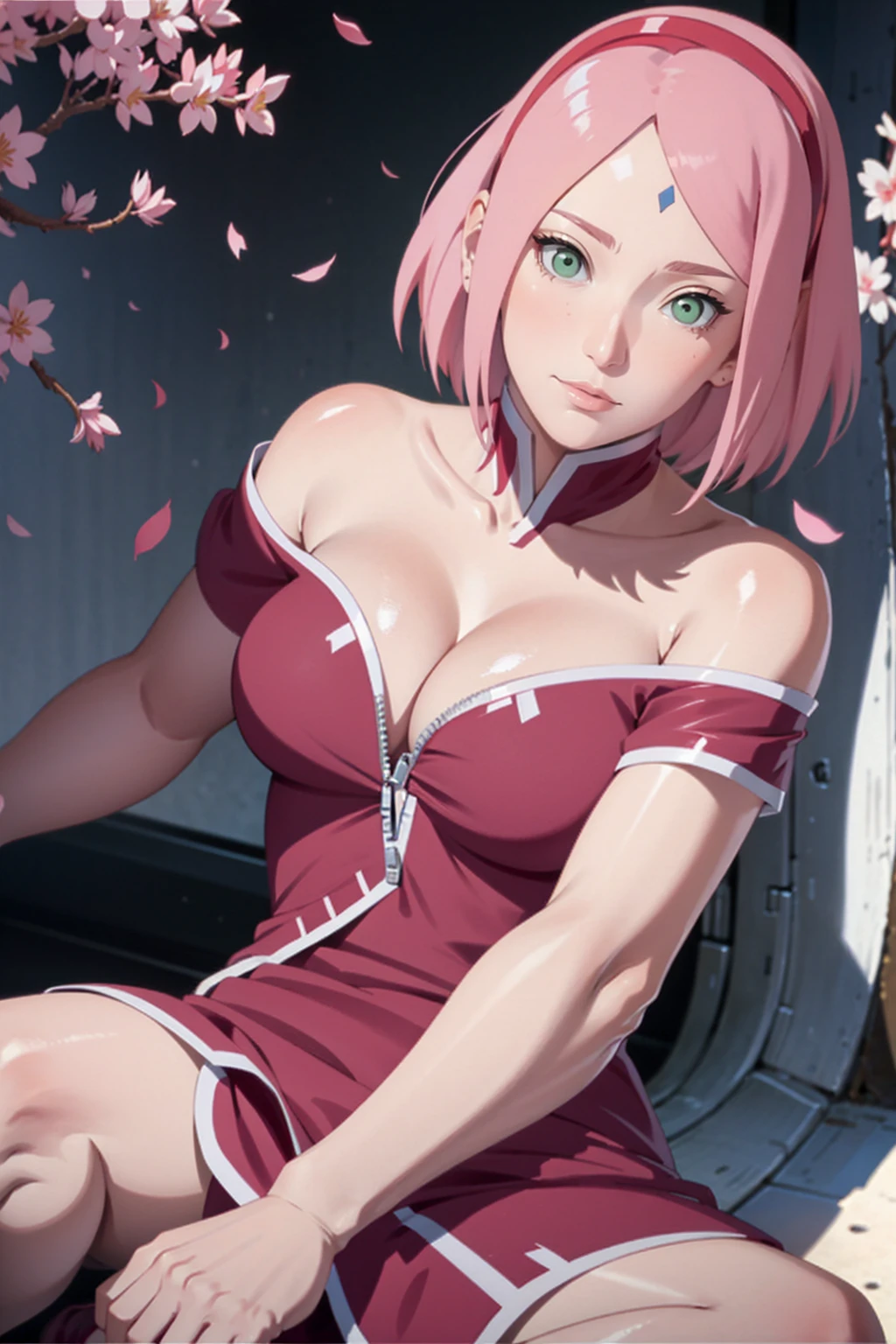 tmasterpiece， Best quality at best， 1girll， Sakura Haruno， Large breasts，Off-the-shoulder attire，（cleavage)，（upperbody closeup)，Raised sexy，is shy，ssmile，with pink hair，short hair， （Green eyeballs:1.4)， Forehead protection， the cherry trees，Cherry blossoms flying，Red clothes，Zipper half, sitting on the ground