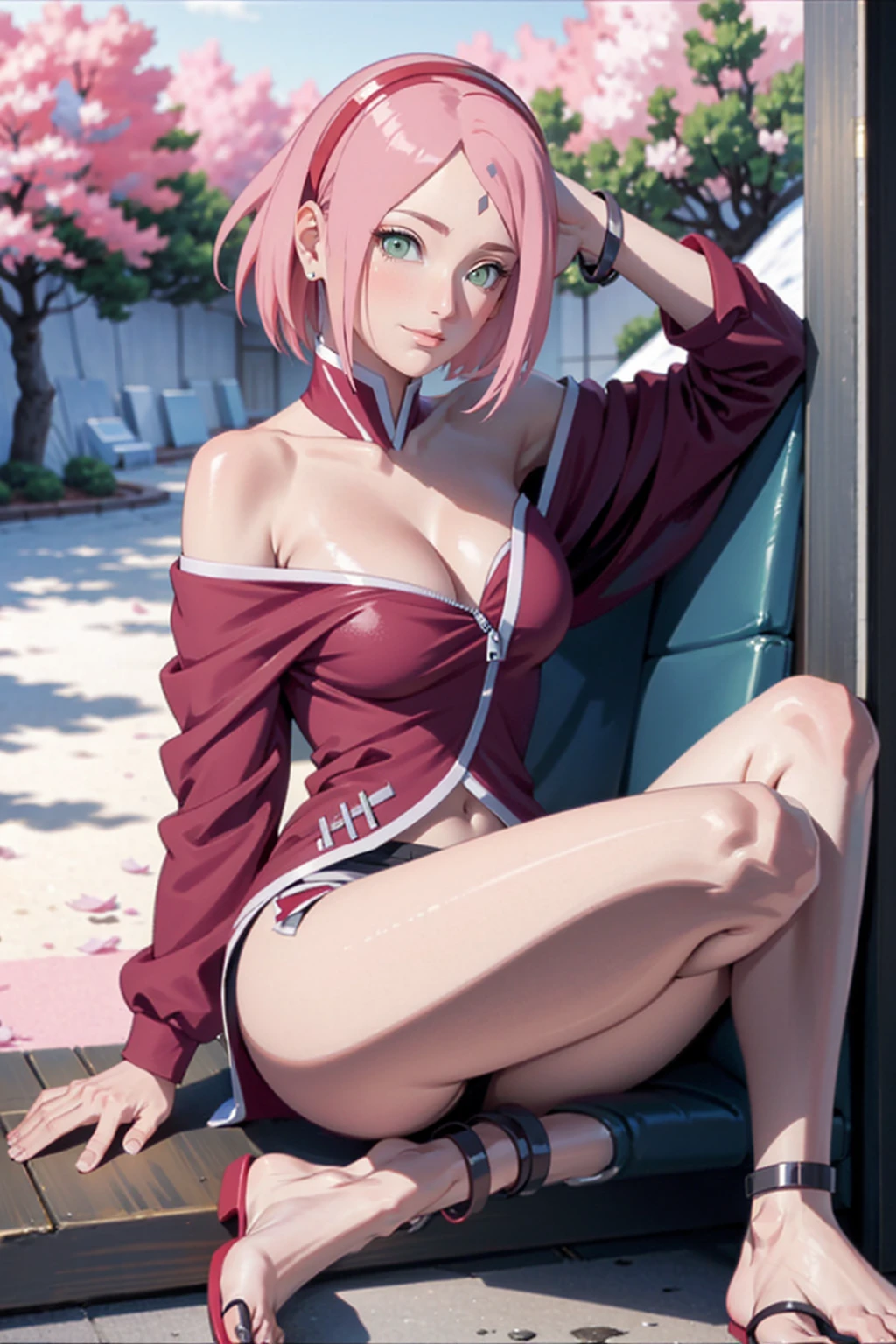 tmasterpiece， Best quality at best， 1girll， Sakura Haruno， Large breasts，Off-the-shoulder attire，（cleavage)，（upperbody closeup)，Raised sexy，is shy，ssmile，with pink hair，short hair， （Green eyeballs:1.4)， Forehead protection， the cherry trees，Cherry blossoms flying，Red clothes，Zipper half, sitting on the ground