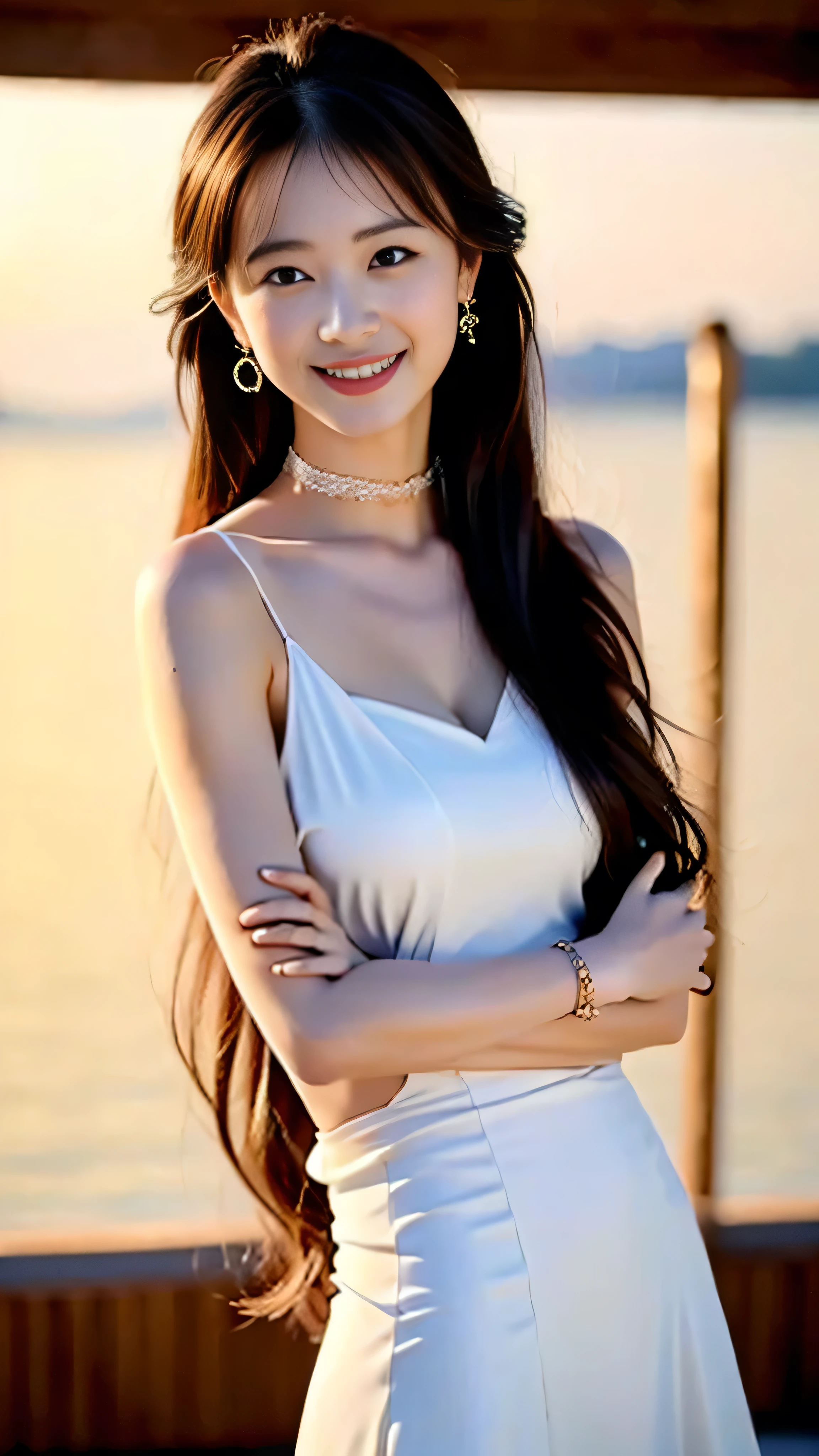 (((Draw only one woman: 2))), (Large cruisers sailing at sea)、(Beautiful Russian woman sitting in a deck chair on the deck:1.3)、(Beautiful Magic Hour Sunset)、Beautiful woman in a stylish resort dress、(( 1 screen))、(8k:1.5), RAW shooting, Highest quality photos, masterpiece, Nice realistic pictures, ((Anatomically correct proportions : 1.5)), ((Perfect proportions)), Beautiful women like Russian actresses, Small Face、Detailed face, Fine grain, Narrow nose, Finger details, Fine arms, Fine skin, Leg Details, (Shiny long hair)、Laugh happily、Side angle、22 year old beauty、choker、Earrings、bracelet, (The model is perfectly in focus:1.2)