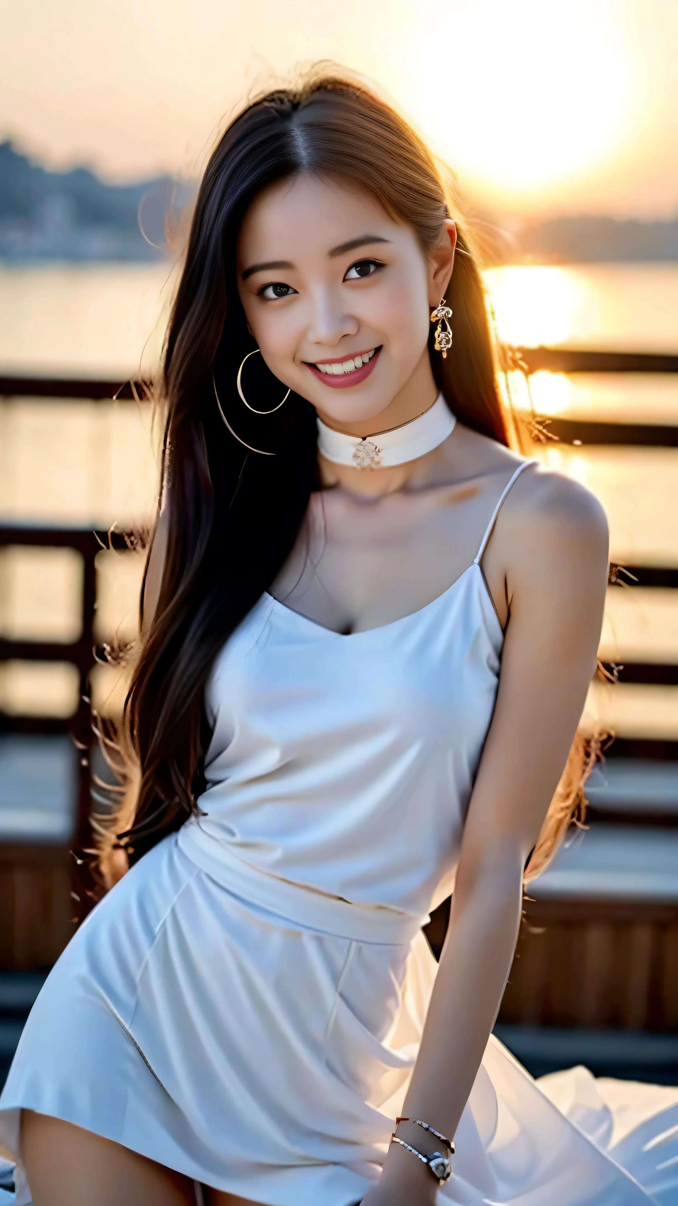 (((Draw only one woman: 2))), (Large cruisers sailing at sea)、(Beautiful Russian woman sitting in a deck chair on the deck:1.3)、(Beautiful Magic Hour Sunset)、Beautiful woman in a stylish resort dress、(( 1 screen))、(8k:1.5), RAW shooting, Highest quality photos, masterpiece, Nice realistic pictures, ((Anatomically correct proportions : 1.5)), ((Perfect proportions)), Beautiful women like Russian actresses, Small Face、Detailed face, Fine grain, Narrow nose, Finger details, Fine arms, Fine skin, Leg Details, (Shiny long hair)、Laugh happily、Side angle、22 year old beauty、choker、Earrings、bracelet, (The model is perfectly in focus:1.2)