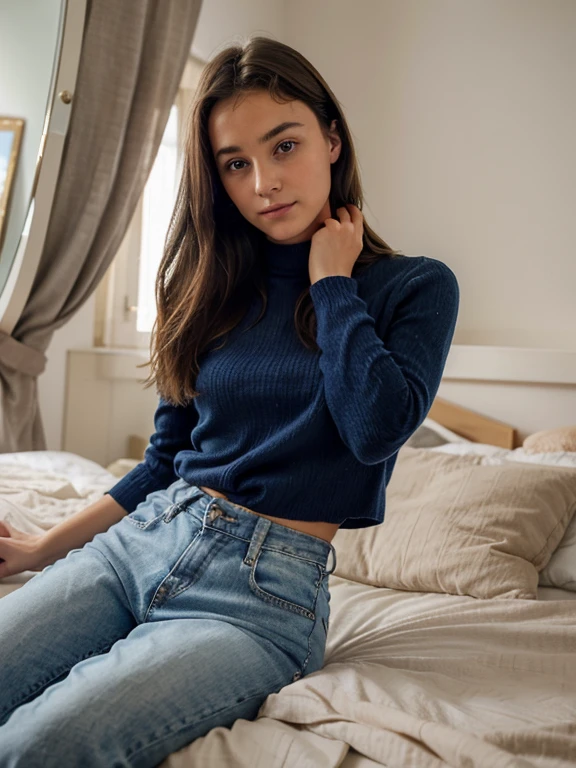 Genere moi, une jeune femme, environ 16 ans, jolie, brune, elle se prend en photo dans sa chambre, elle sourit et est contente, en fond on peut apercevoir son lit et différents meubles, elle regarde l'objectif, elle a des yeux marrons et en vêtements elle porte un jean bleu, but you don't have to see it, nous devons principalement voir son buste ainsi que sa tête, elle a un pull blanc et beau, she has freckles on her face. Everything must have an ultra realistic rendering and must be super close to reality, photo, 3d render, vibrant, portrait photography, illustration