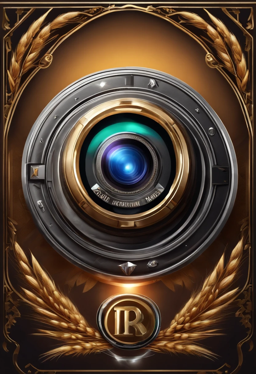(Game Achievement Medallion Design),Silver medal,Flat 2D effect,Ear of wheat border,(In the middle of the medallion there is an icon of the intersection of a camera)
