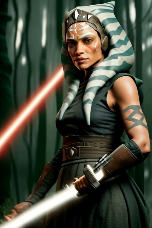ahsokatano woman, rosario dawson, light saber in hands