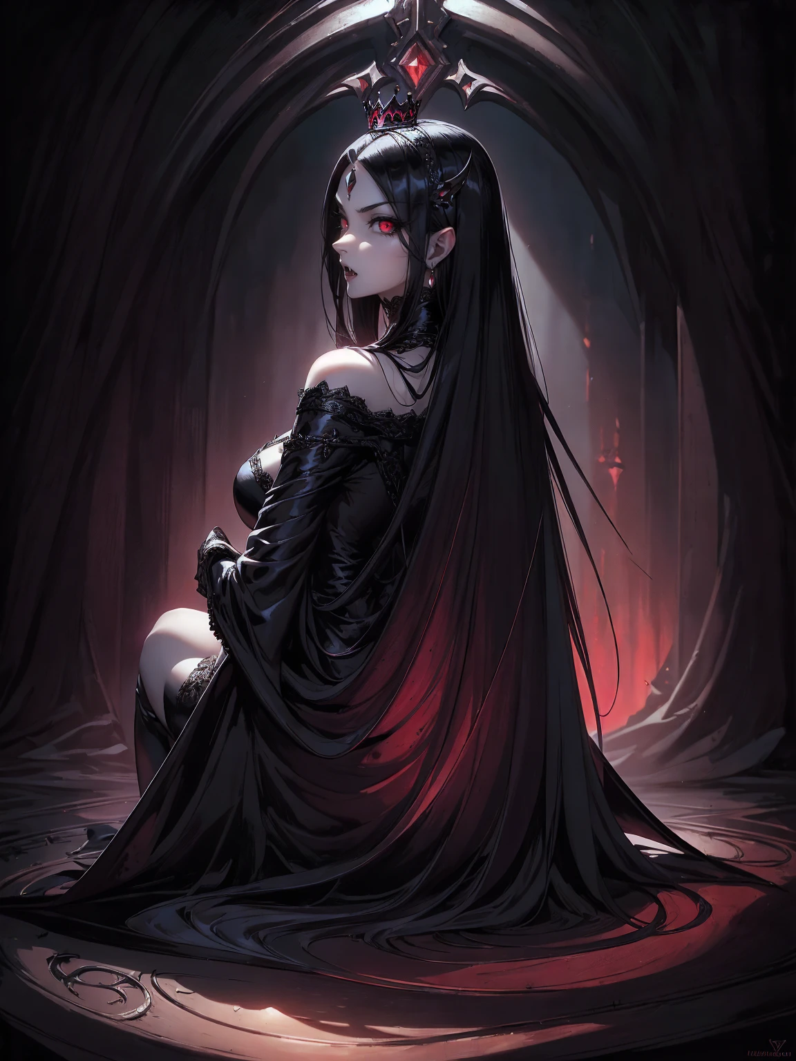 absurdres, ((stunning female Vampire))), goth Renaissance, (long black hair:1.erfect and detailed angular sharp oval shaped face, ((redeyes)), jewelry, red and black tetradic colors, full lips, gothic castle background, (solo), perfect anatomy, approaching perfection, ethereal, intricate details, ultra-high definition, 12k resolution, goth aesthetic, smooth, sharp focus, dreamy, glowing, backlit, glamour, glimmer, fantastical, shadows, smooth, Gothic crown, sitting on the ground, backwards, looking back