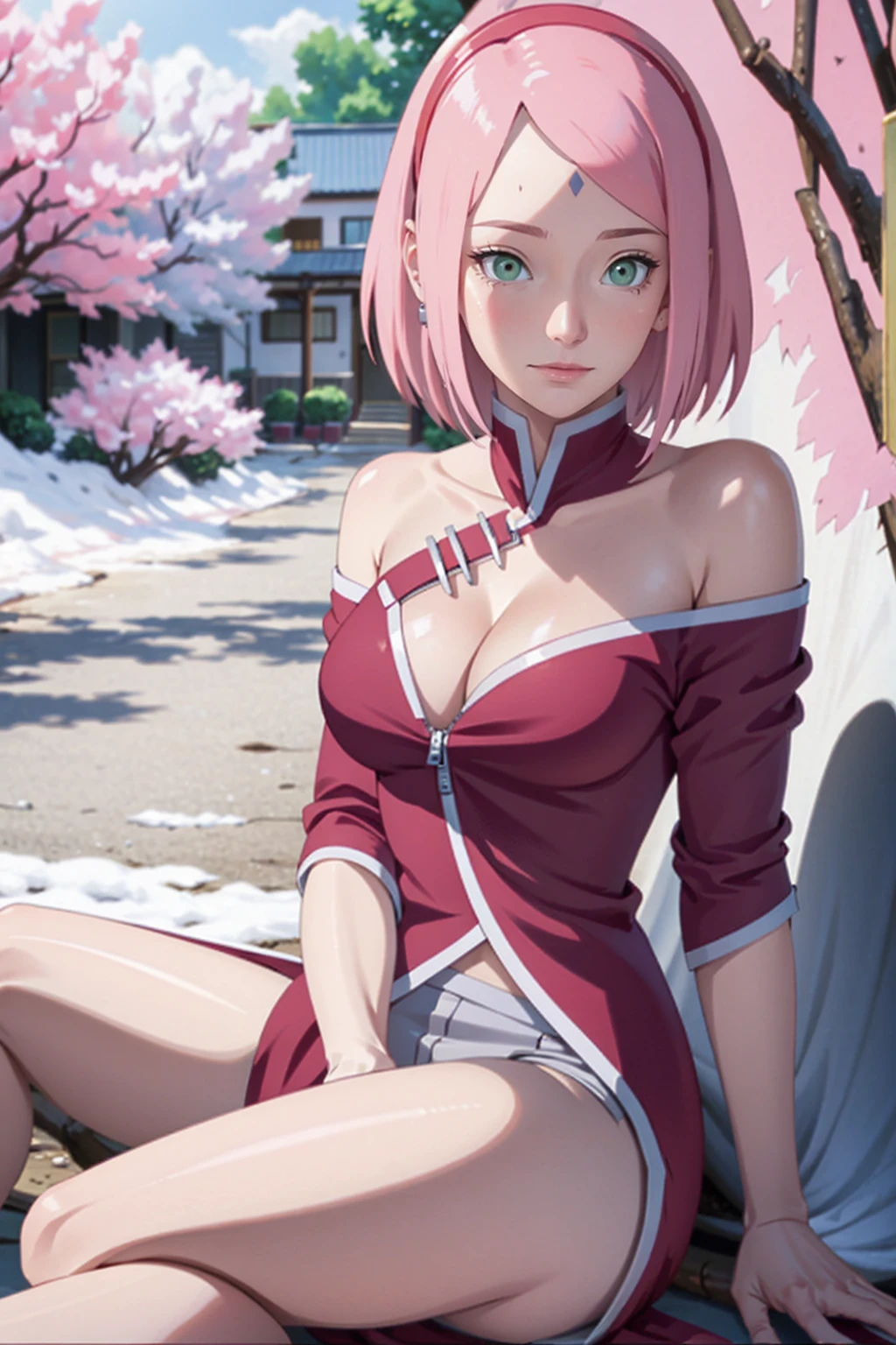 tmasterpiece， Best quality at best， 1girll， Sakura Haruno， Large breasts，Off-the-shoulder attire，（cleavage)，（upperbody closeup)，Raised sexy，is shy，ssmile，with pink hair，short hair， （Green eyeballs:1.4)， Forehead protection， the cherry trees，Cherry blossoms flying，Red clothes，Zipper half, sitting on the ground