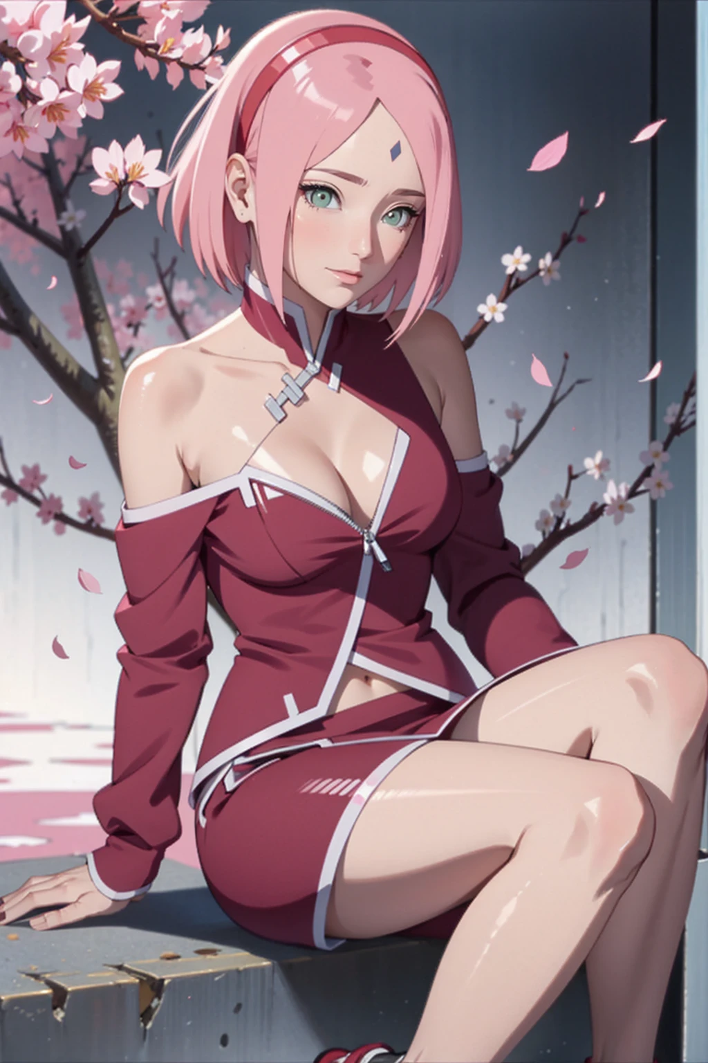 tmasterpiece, Best quality at best, 1girll, Sakura Haruno, Large breasts,Off-the-shoulder attire,(cleavage),(upperbody closeup),Raised sexy,is shy,ssmile,with pink hair,short hair, (Green eyeballs:1.4), Forehead protection, the cherry trees,Cherry blossoms flying,Red clothes,Zipper half, sitting on the ground