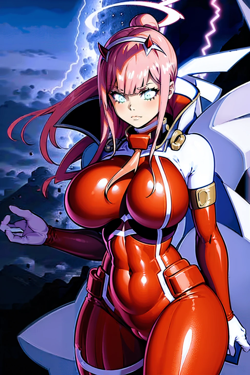 masterpiece, best quality, IncrsLowTier, electricity, glowing eyes zerotwo horns, hairband, necktie, red dress, pantyhose horns, hairband, red bodysuit, armlet, mecha horns, hairband, white bodysuit, white gloves, cap, red dress, white gloves, jacket on shoulders, pantyhose, cyber_armor body_suit,huge_breast, tall female, fulll body, sun light, smile,, sun aura,, boots, standing, smile, lips, red lips,,,{best quality}, {amazing quality} {best quality},{amazing quality},, {absurdres},{{highres}}, {very aesthetic}, {detailed}, curvy, tall, huge breast, character focus, white background,full-length portrait,, huge hips, huge muscles, huge thighs, curvaceous, venus figure,full body, full portrait, blue eyes