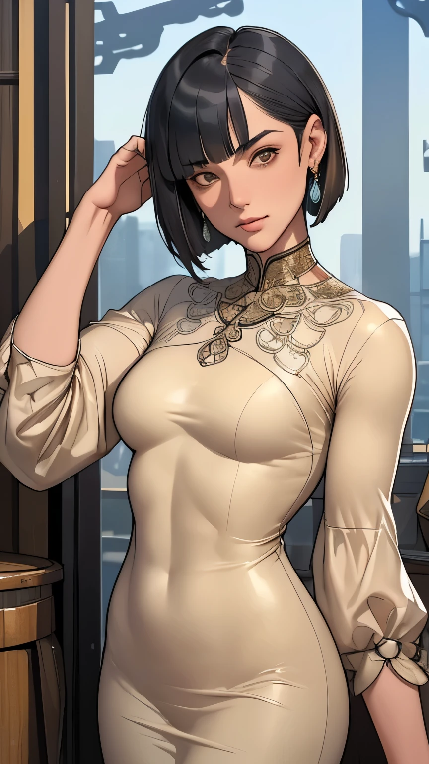 (masterpiece:1.3), (disorganized:1.3), (highest quality:1.3),(perfect anatomy:1.5),perfect finger,(detailed face), solo,1 middle age woman around 55 years old,(Steam Punk), (Victorian era),Old Hong kong,(Kowloon area),horizontal angle,((looking at viewer:1.3)), (Super detailed:1.3),(best shadow:0.7),(small breasts),((graduated bob cut:1.1)),(blunt bangs),fine eyes, beautiful eyes, 1 mature woman, ((saggy small breasts)),((muscular)),dark skin,alone, standing, crystal earrings,closed_mouth, arm_behind,beige latex dress,full covered rubber dress,skirt,rest outdoors, intimidating pose,cowboy shot