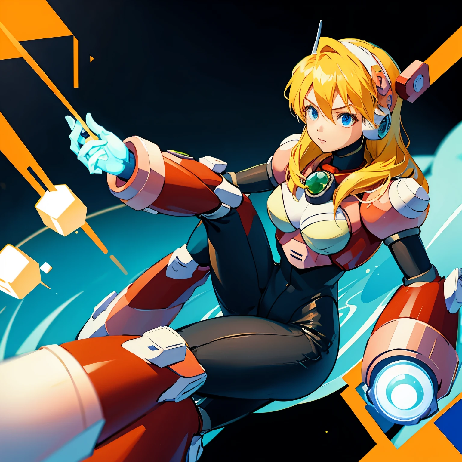 alia_megamanx, blurred dark background, 1girl, solo, breasts, blue eyes, blonde hair, android, long hair, robot ears, in the style of avian-themed, realistic yet stylized, villagecore, azure, orange and azure, dragoncore, aerial view