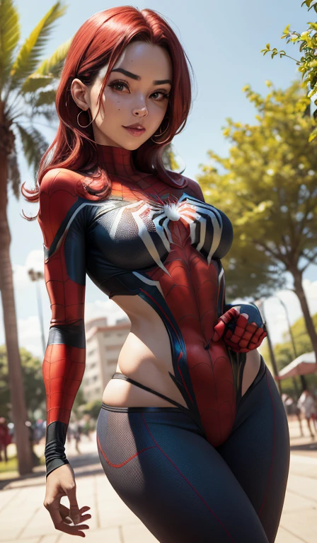 4K, realista, charismatic, muito detalhe, there is a girl in a park wearing a spiderman costume, in bikini, she is a spider man, super hero theme, Cabelo bonito, 25 anos de idade, corpo todo