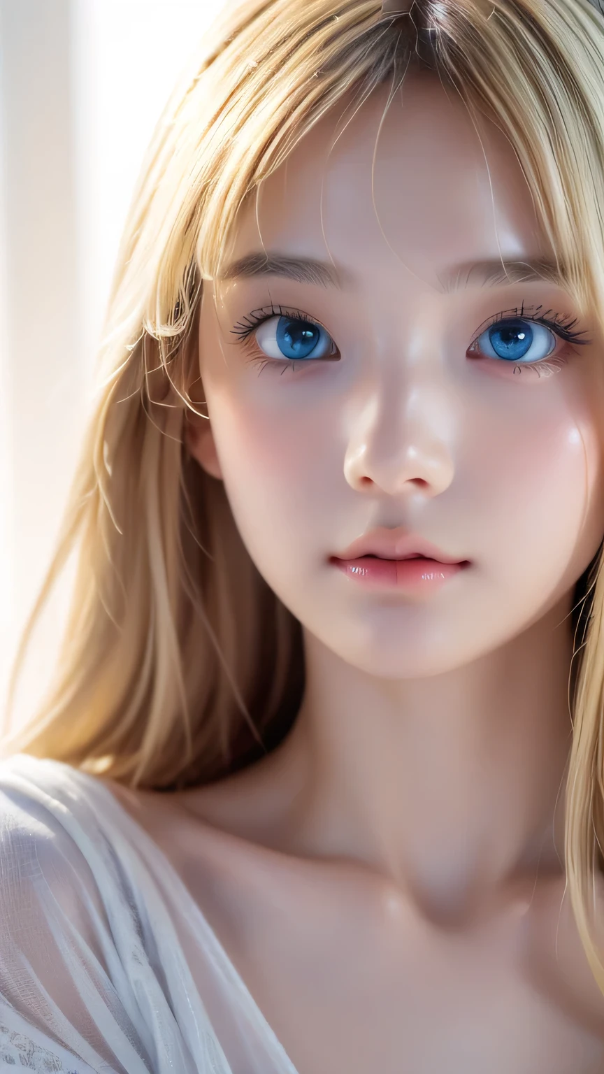 Dressed、(Photorealistic:1.4)、(Hyper-realistic:1.4)、(Realistic:1.3)、(Smooth lighting:1.05)、(Improved cinematic lighting quality:0.9)、32K、1 Girl、Very cute expression、A beautiful 16 year old blonde girl、Realistic top lighting、Backlight、Face Light、super long platinum blonde silky hair、、Beautiful bangs、bangs over eyes、Ray tracing、(Bright light:1.2)、(quality improvement:1.4)、(Highest quality realistic textured skin:1.4)、Very beautiful detailed large shining light blue eyes、Very big eyes、Detailed face、A careful eye for quality、(Tired, sleepy and satisfied: 0.0)、Face close up、T-Shirts、(Enhances the body line:1.1)、(Enhances the beauty of skin texture:1.1)、Cheek gloss highlight、Small Face Beauty、Round face