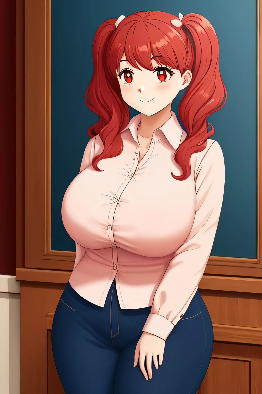 A beautiful woman in love cute tender beautiful specific mind pride I smiled huge chest red hair wavy fluffy two long pigtails round her red eye dots blue is dressed in a light pink blouse buttoning long sleeves arms underneath yellow and a navy blue pants 