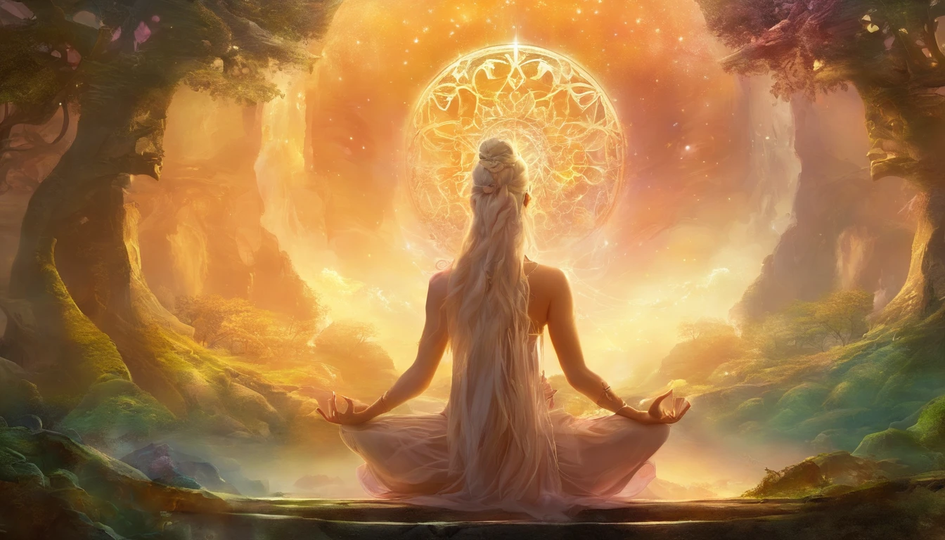 A cinematic figure in meditation, surrounded by natural elements and lighting symbols, transmitindo a ideia de profundidade, Self-conscious reflection